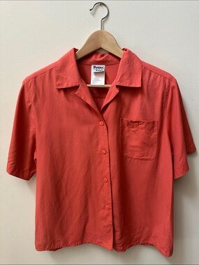 Vintage 100% Silk Coral-Red Short Sleeve Button-Down Shirt